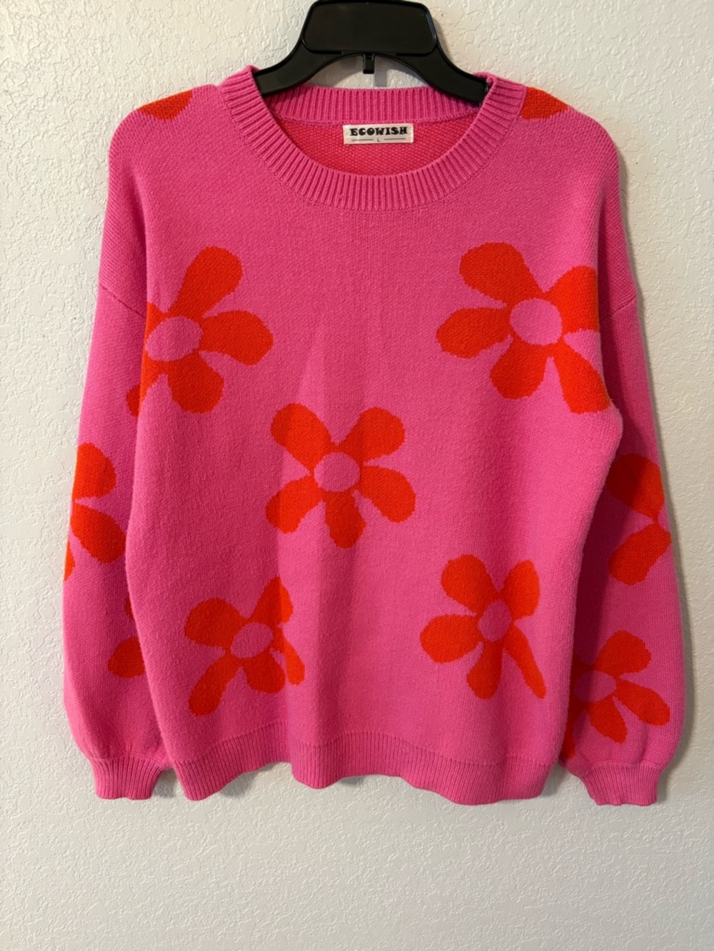 Ecowish Pink Crewneck Sweater with Orange Floral Design